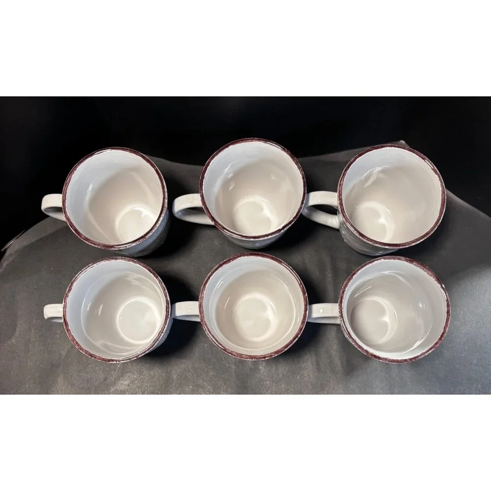 Elama Rustic Birch Stoneware White Mug Set Of 6 Dishwasher & Microwave Safe